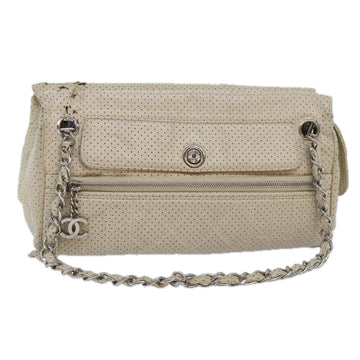 CHANEL Chain Shoulder Bag Punching leather White Silver CC Auth 91310
