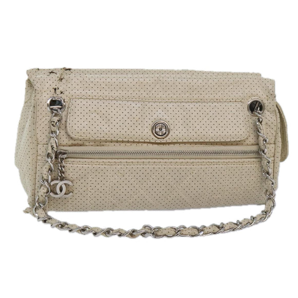 CHANEL Chain Shoulder Bag Punching leather White Silver CC Auth 91310