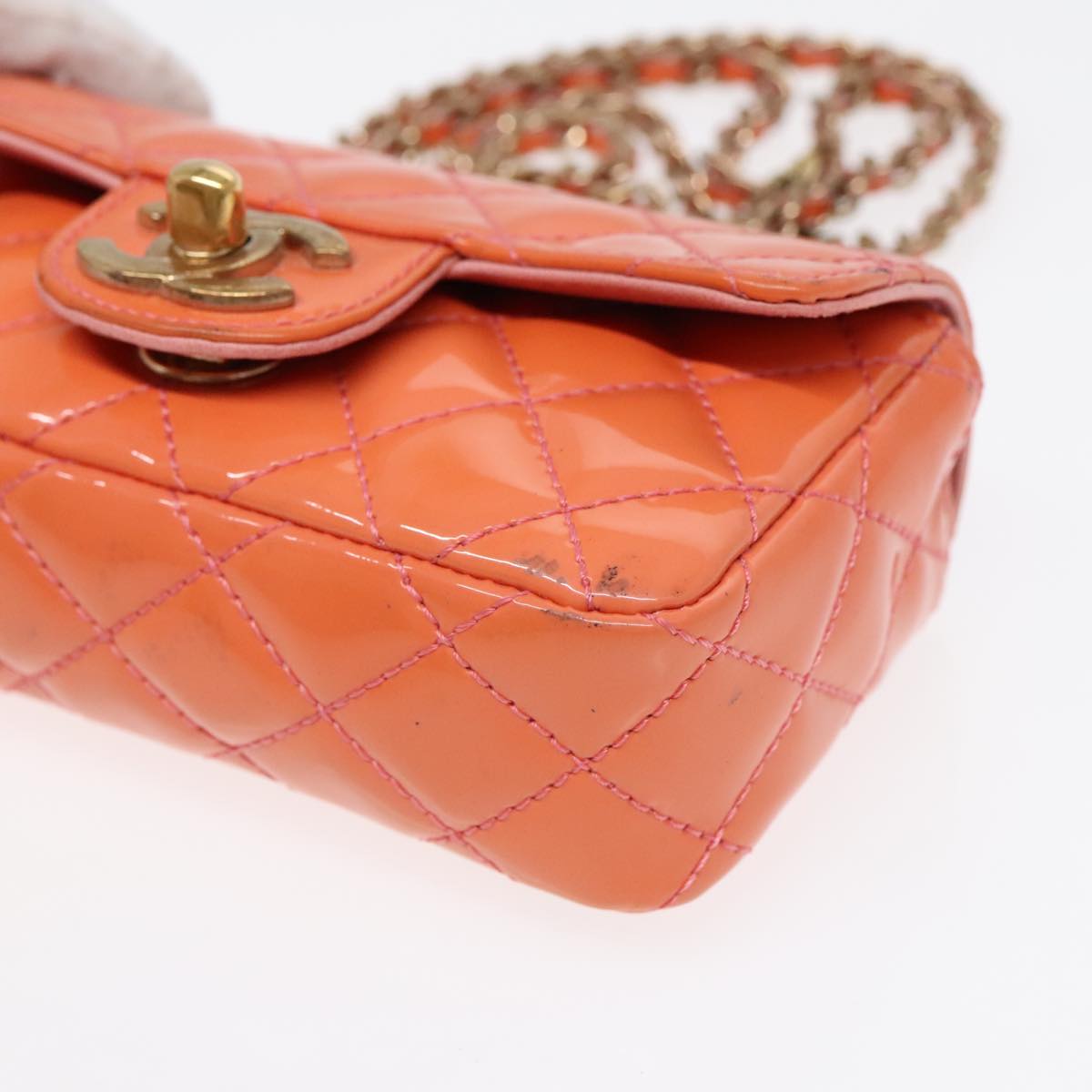 CHANEL Matelasse Icon Chain Shoulder Bag Patent Orange Gold CC Auth 91312