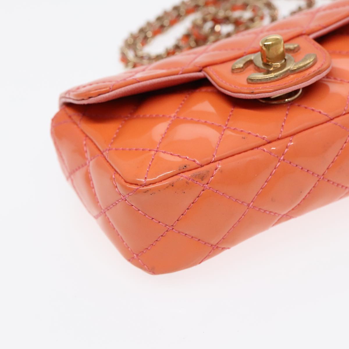 CHANEL Matelasse Icon Chain Shoulder Bag Patent Orange Gold CC Auth 91312