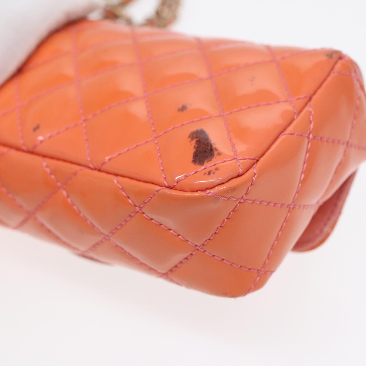 CHANEL Matelasse Icon Chain Shoulder Bag Patent Orange Gold CC Auth 91312