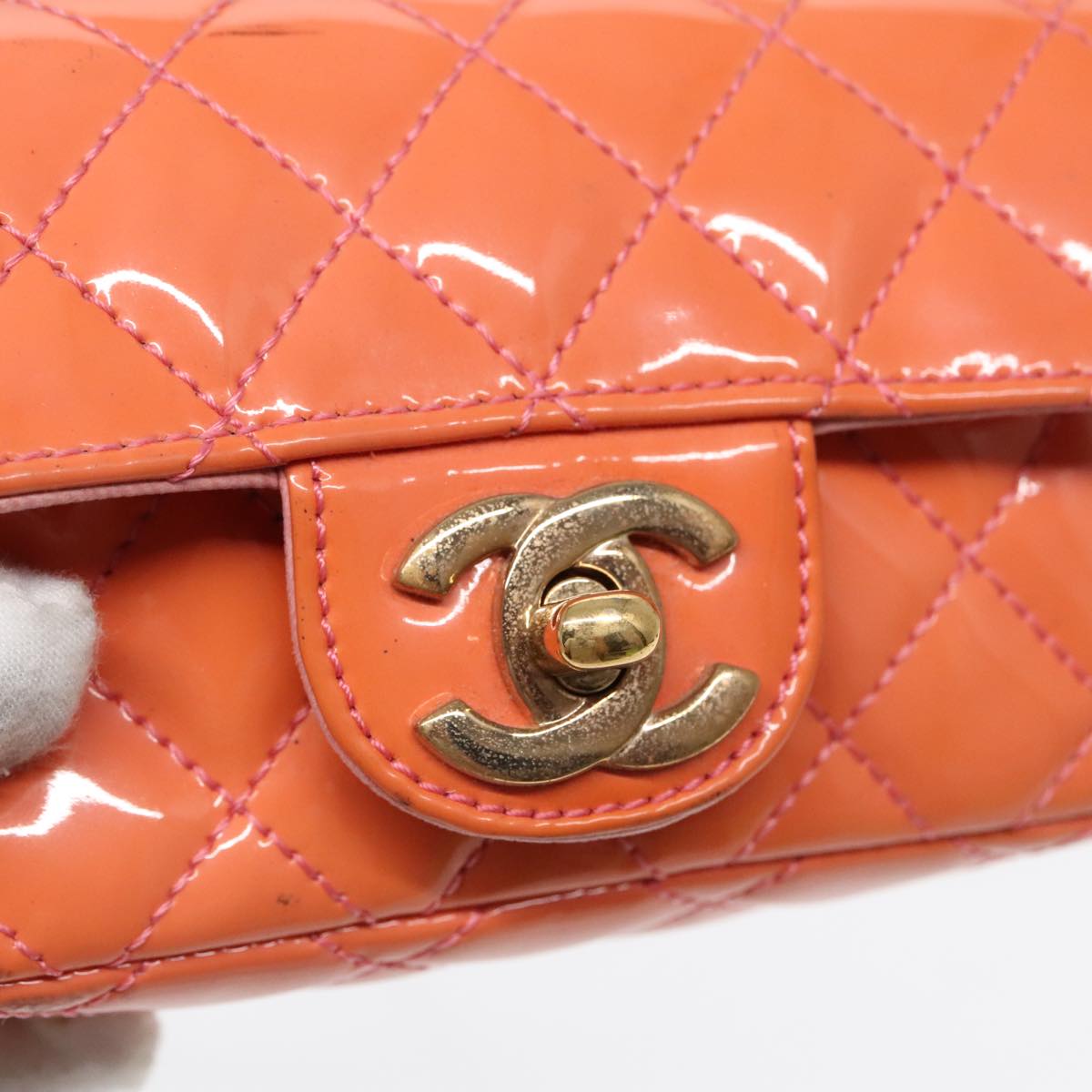 CHANEL Matelasse Icon Chain Shoulder Bag Patent Orange Gold CC Auth 91312