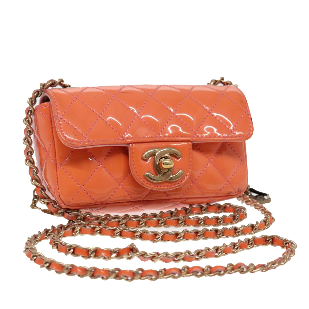 CHANEL Matelasse Icon Chain Shoulder Bag Patent Orange Gold CC Auth 91312