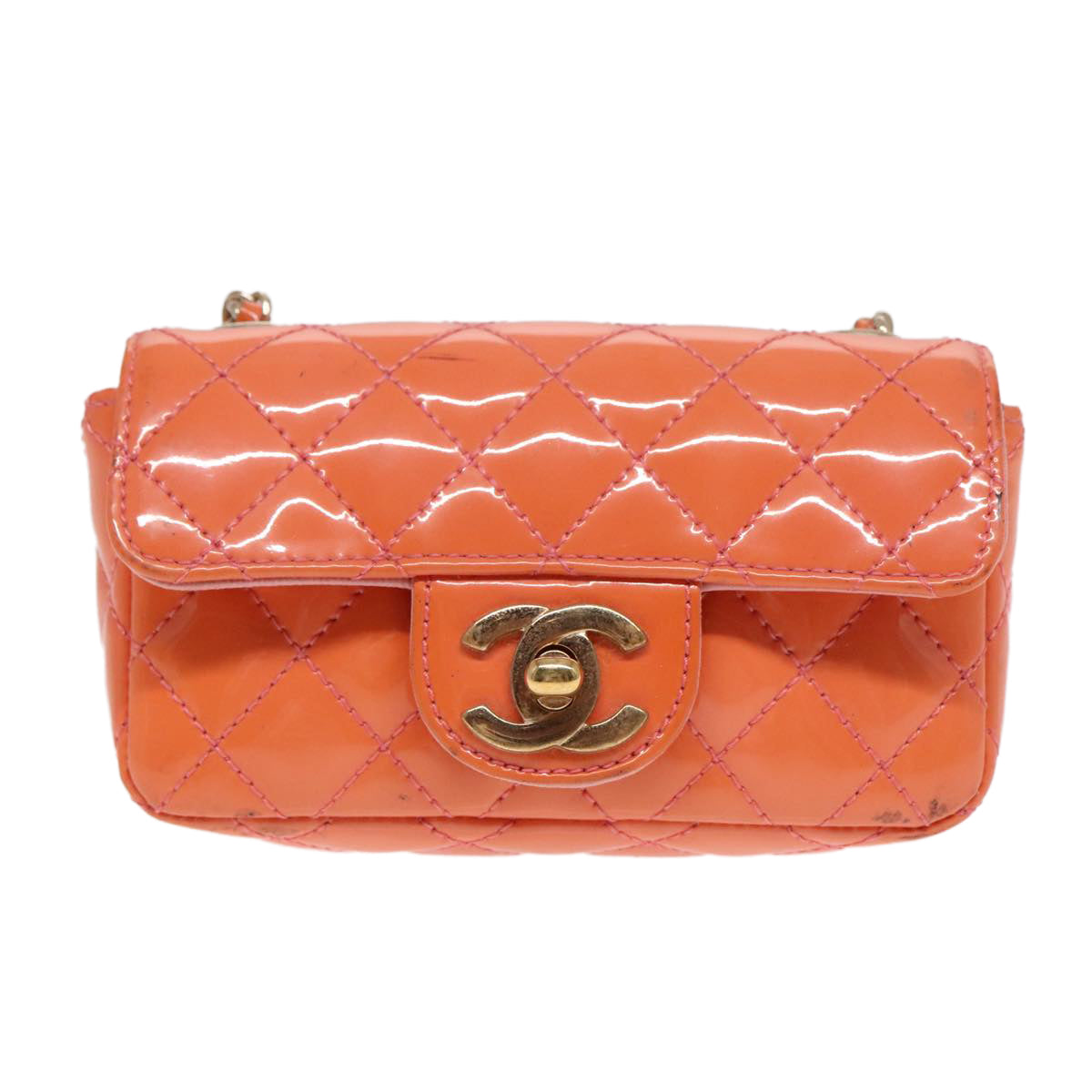 CHANEL Matelasse Icon Chain Shoulder Bag Patent Orange Gold CC Auth 91312 - 0