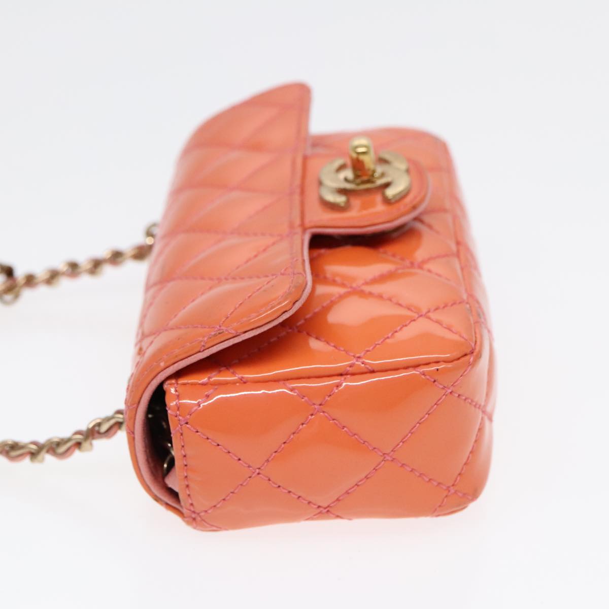 CHANEL Matelasse Icon Chain Shoulder Bag Patent Orange Gold CC Auth 91312