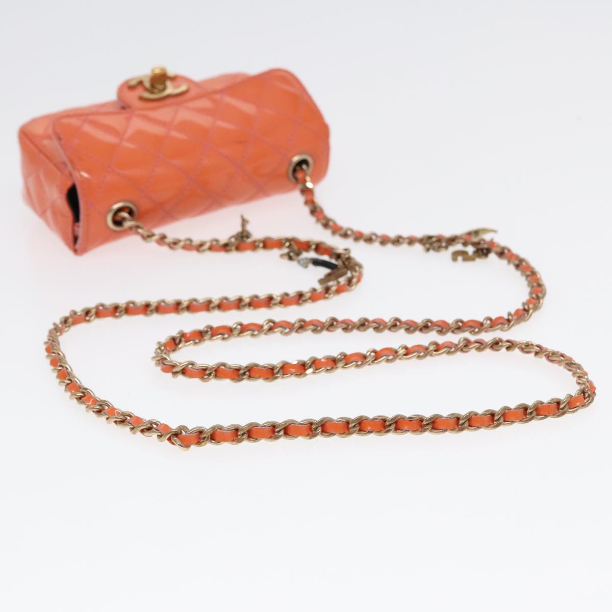 CHANEL Matelasse Icon Chain Shoulder Bag Patent Orange Gold CC Auth 91312