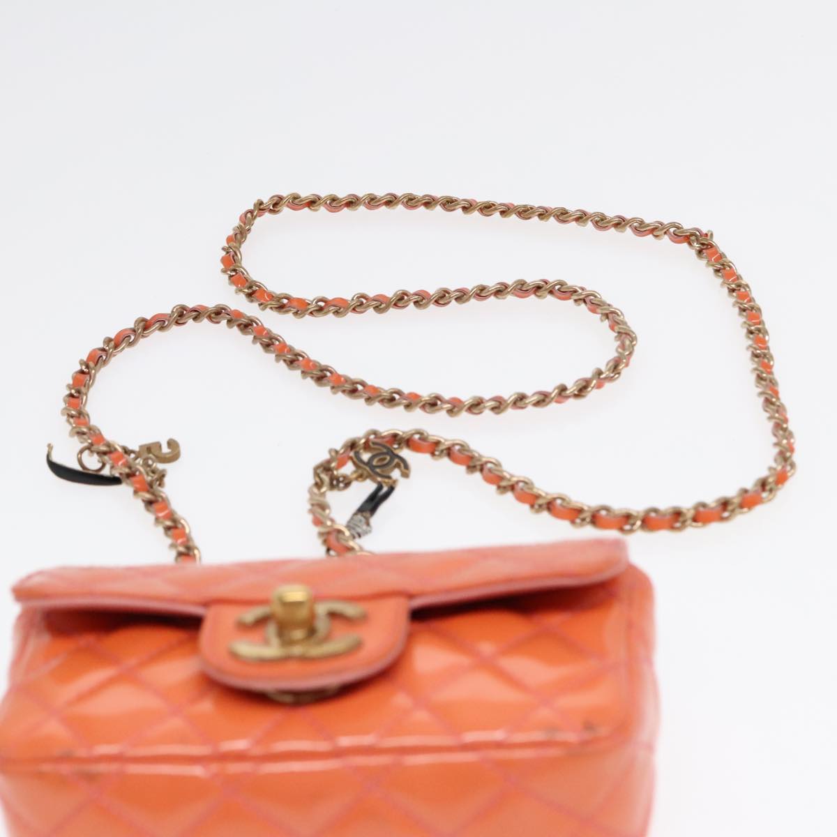 CHANEL Matelasse Icon Chain Shoulder Bag Patent Orange Gold CC Auth 91312