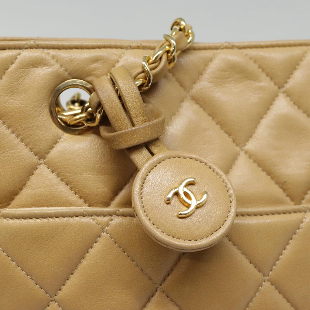 CHANEL Matelasse Chain Shoulder Bag Lamb Skin Beige Gold CC Auth 91313