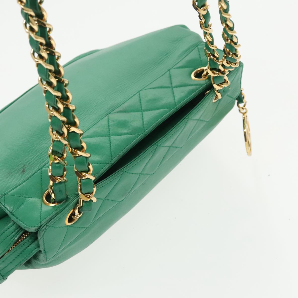 CHANEL Chain Shoulder Bag Lamb Skin Green Gold CC Auth 91322