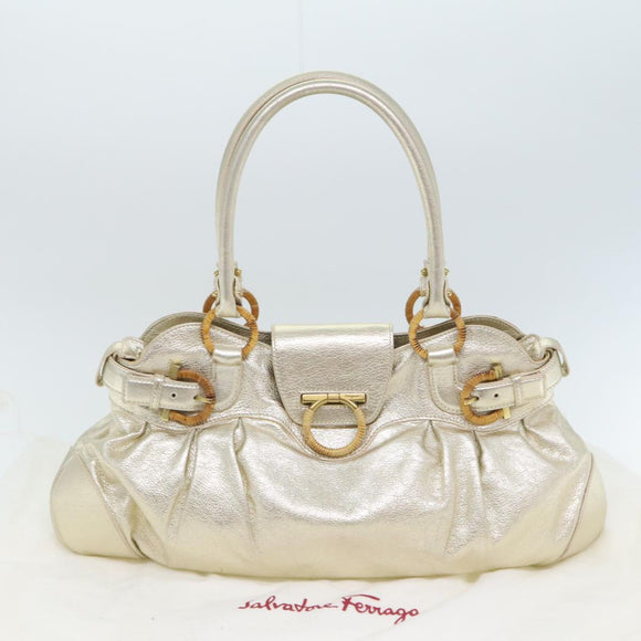 Salvatore Ferragamo Gancini Hand Bag Leather Gold Tone Gold Auth 91343AV