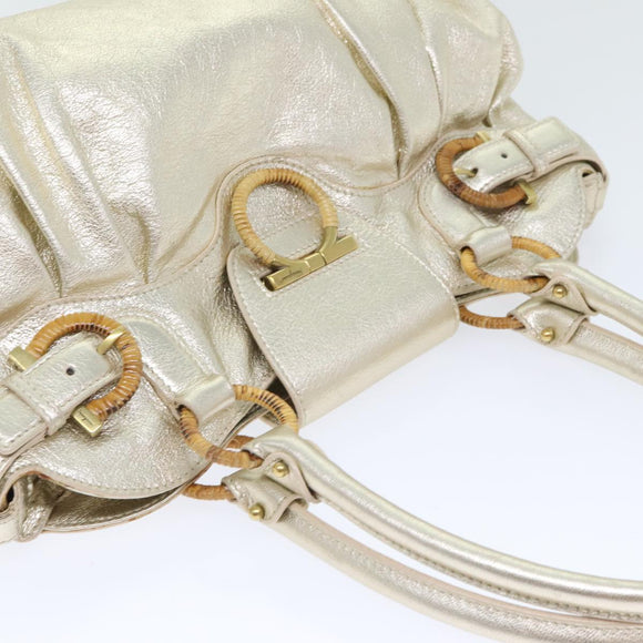 Salvatore Ferragamo Gancini Hand Bag Leather Gold Tone Gold Auth 91343AV