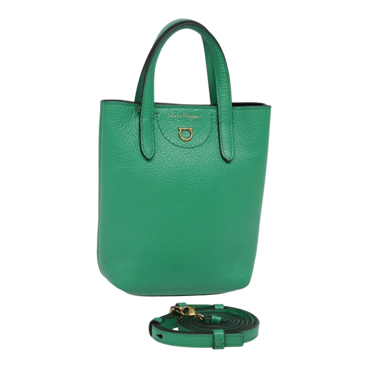 Salvatore Ferragamo Hand Bag Leather 2way Green Gold Auth 91385A