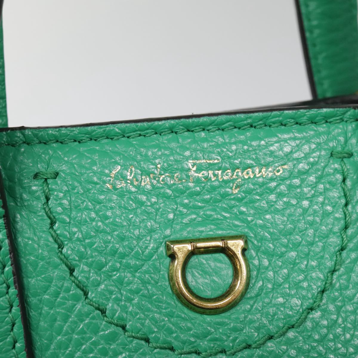 Salvatore Ferragamo Hand Bag Leather 2way Green Gold Auth 91385A