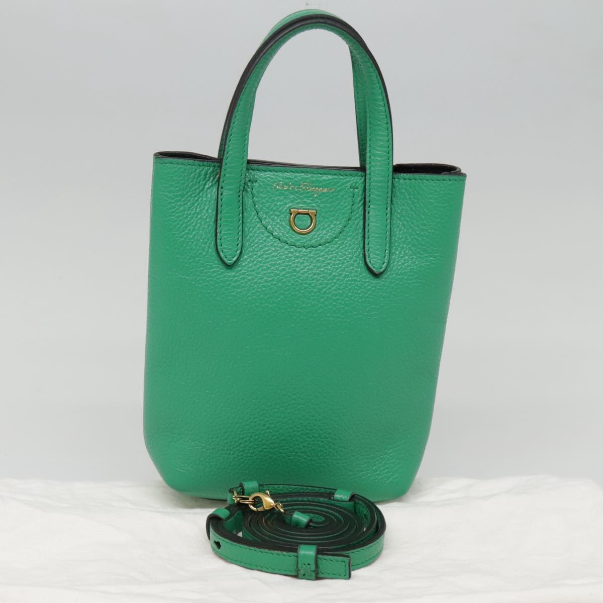 Salvatore Ferragamo Hand Bag Leather 2way Green Gold Auth 91385A