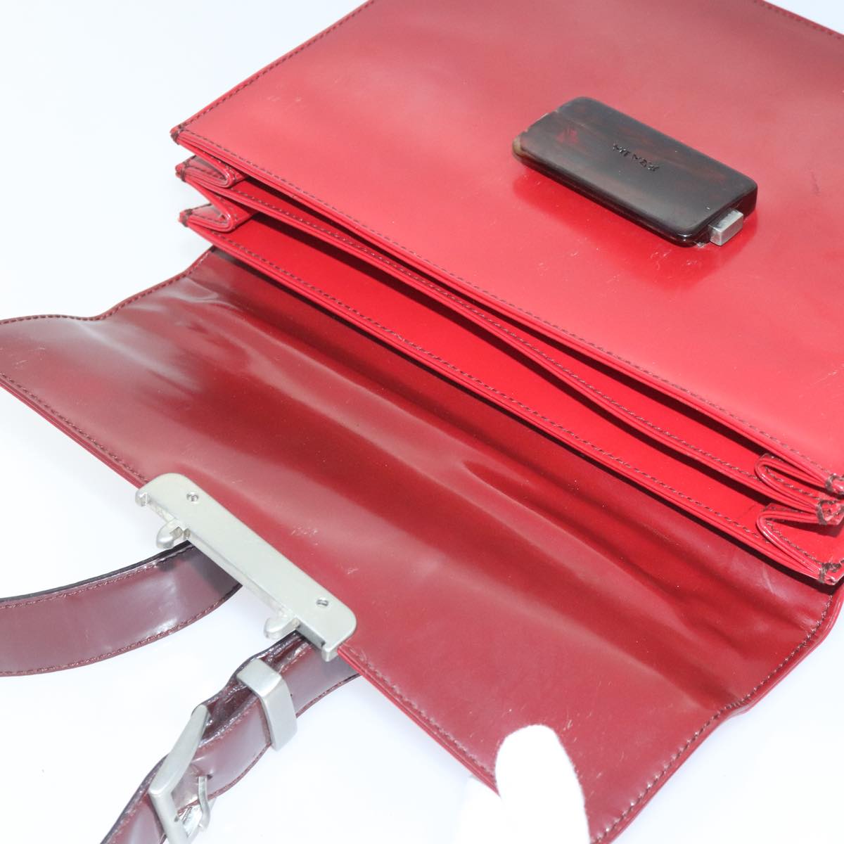 PRADA Shoulder Bag Leather Red Silver Auth 91405