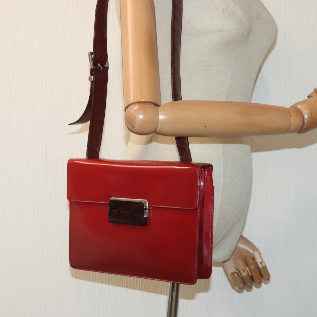 PRADA Shoulder Bag Leather Red Silver Auth 91405