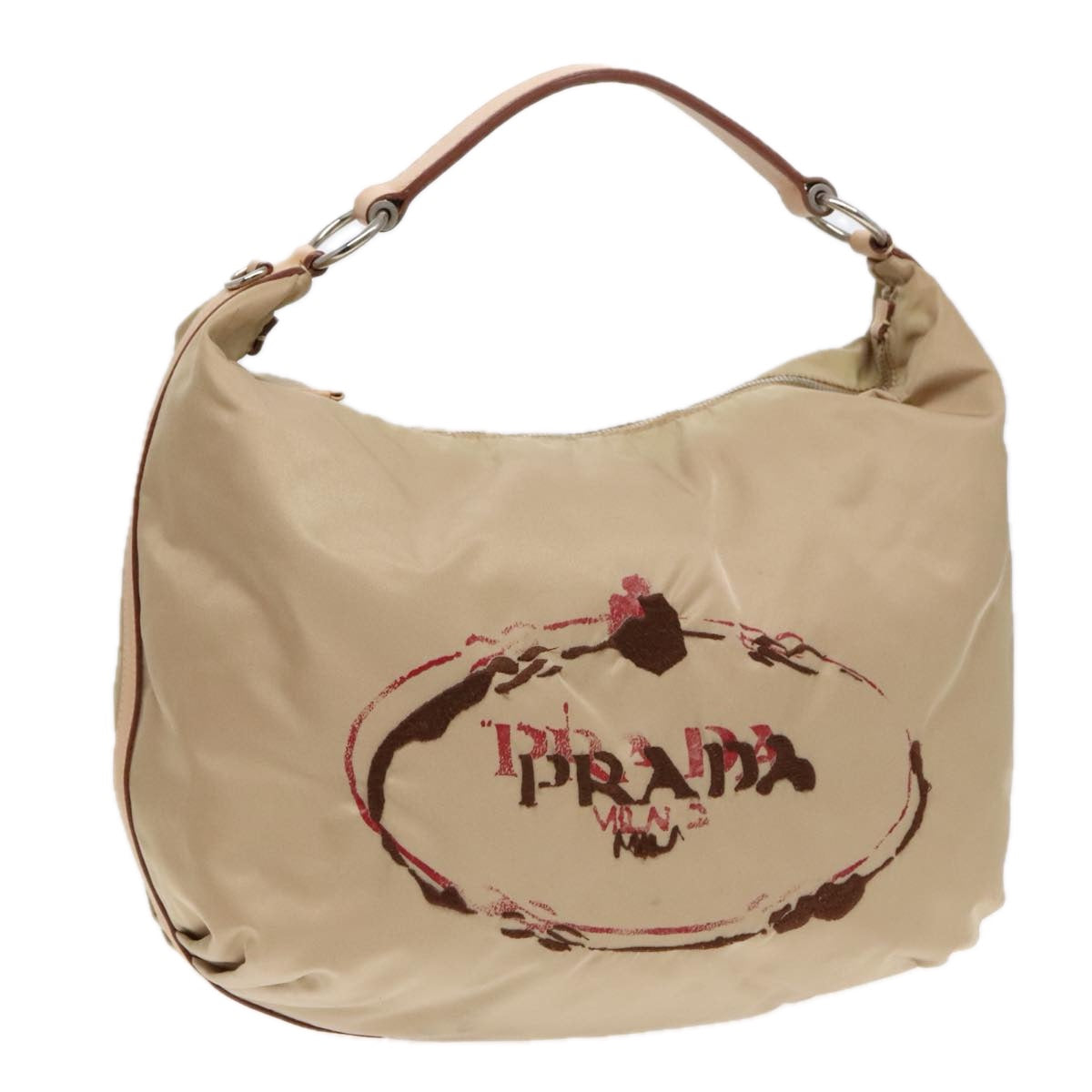 PRADA Shoulder Bag Nylon Leather Beige Silver Auth 91407