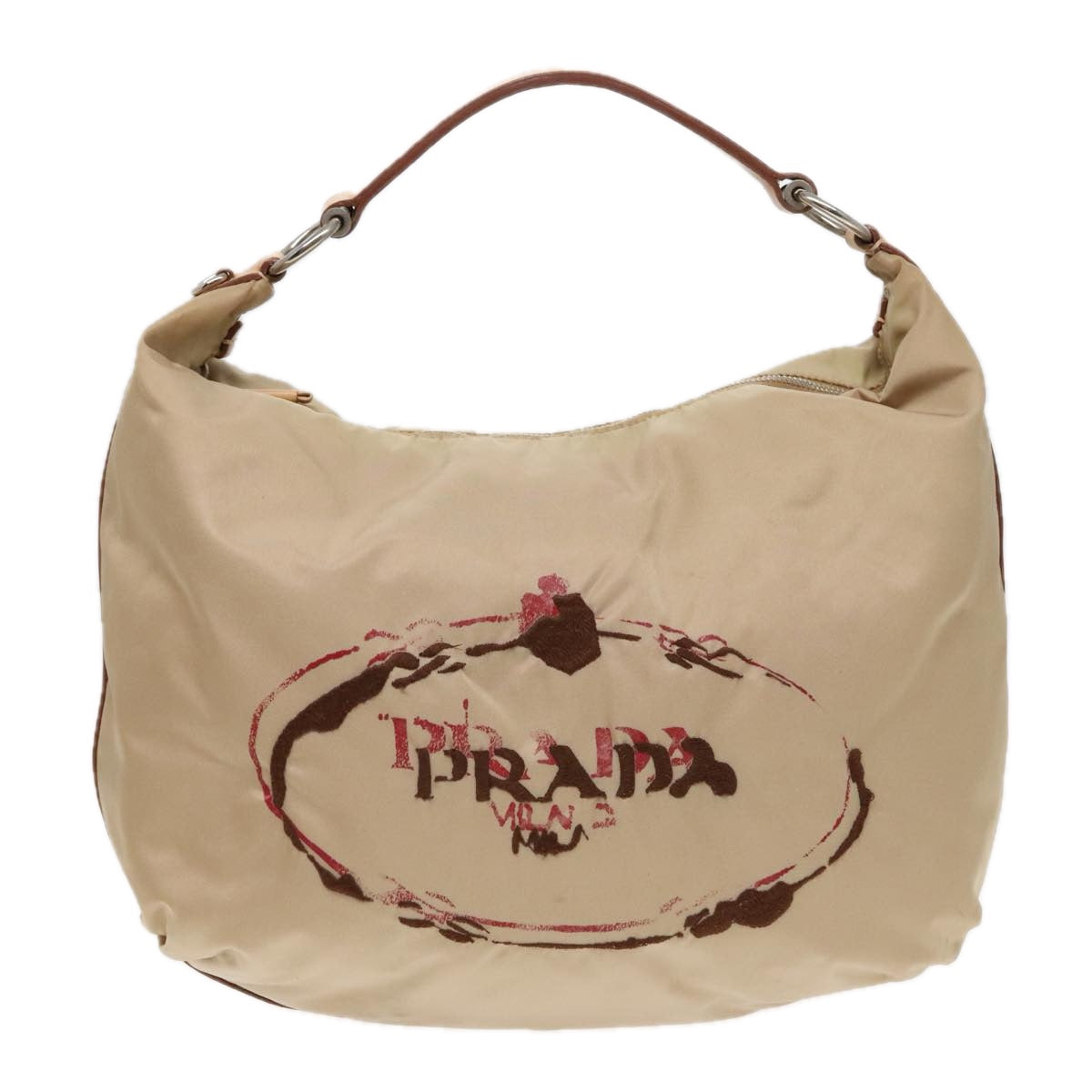 PRADA Shoulder Bag Nylon Leather Beige Silver Auth 91407 - 0