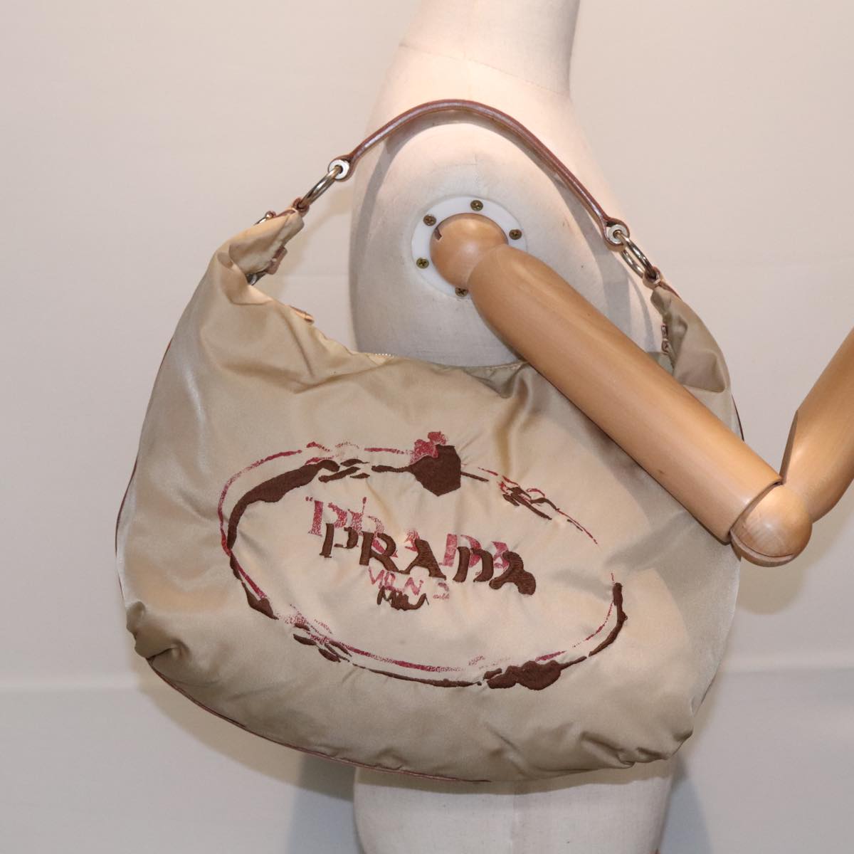 PRADA Shoulder Bag Nylon Leather Beige Silver Auth 91407