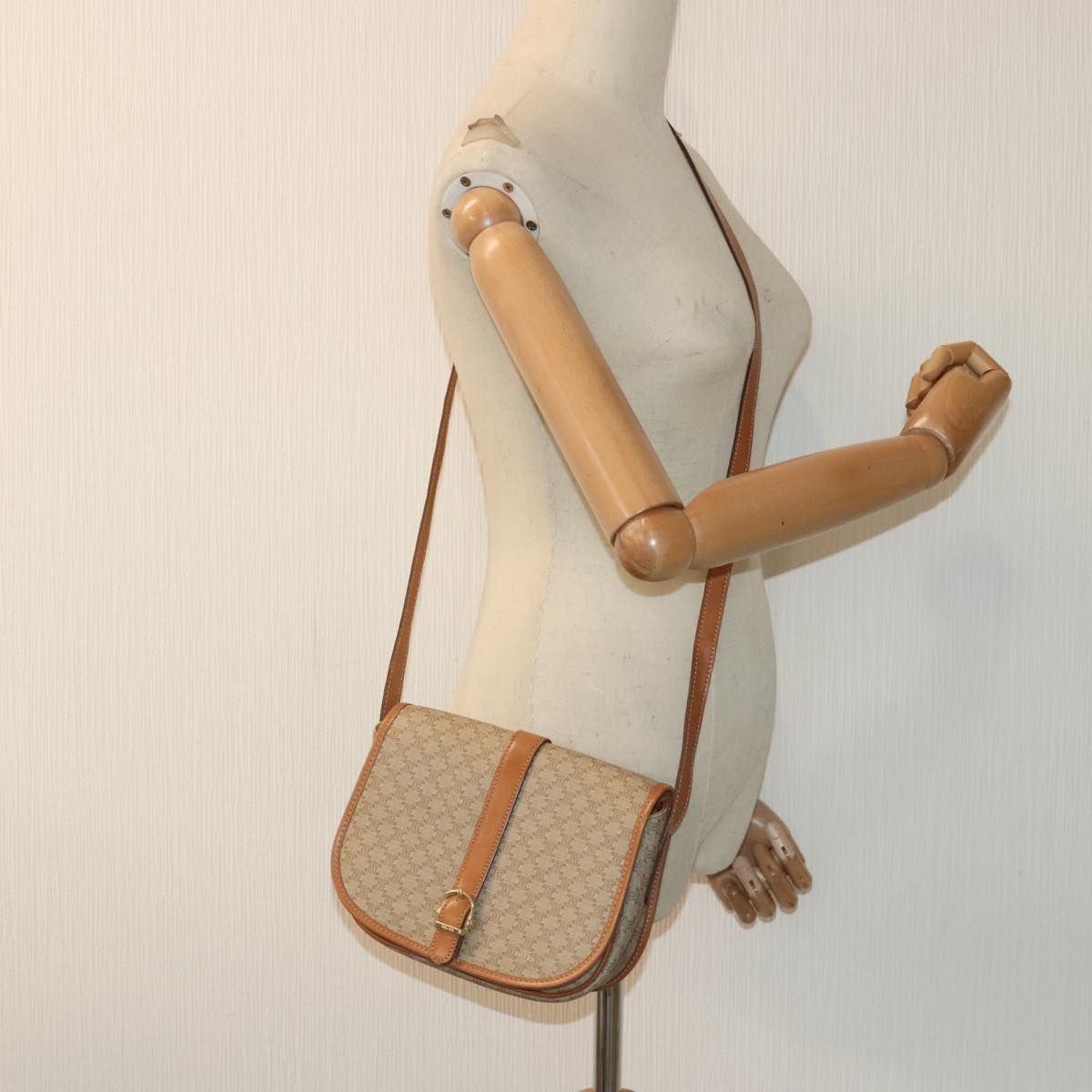 CELINE Macadam Canvas Shoulder Bag PVC Beige Auth 91437