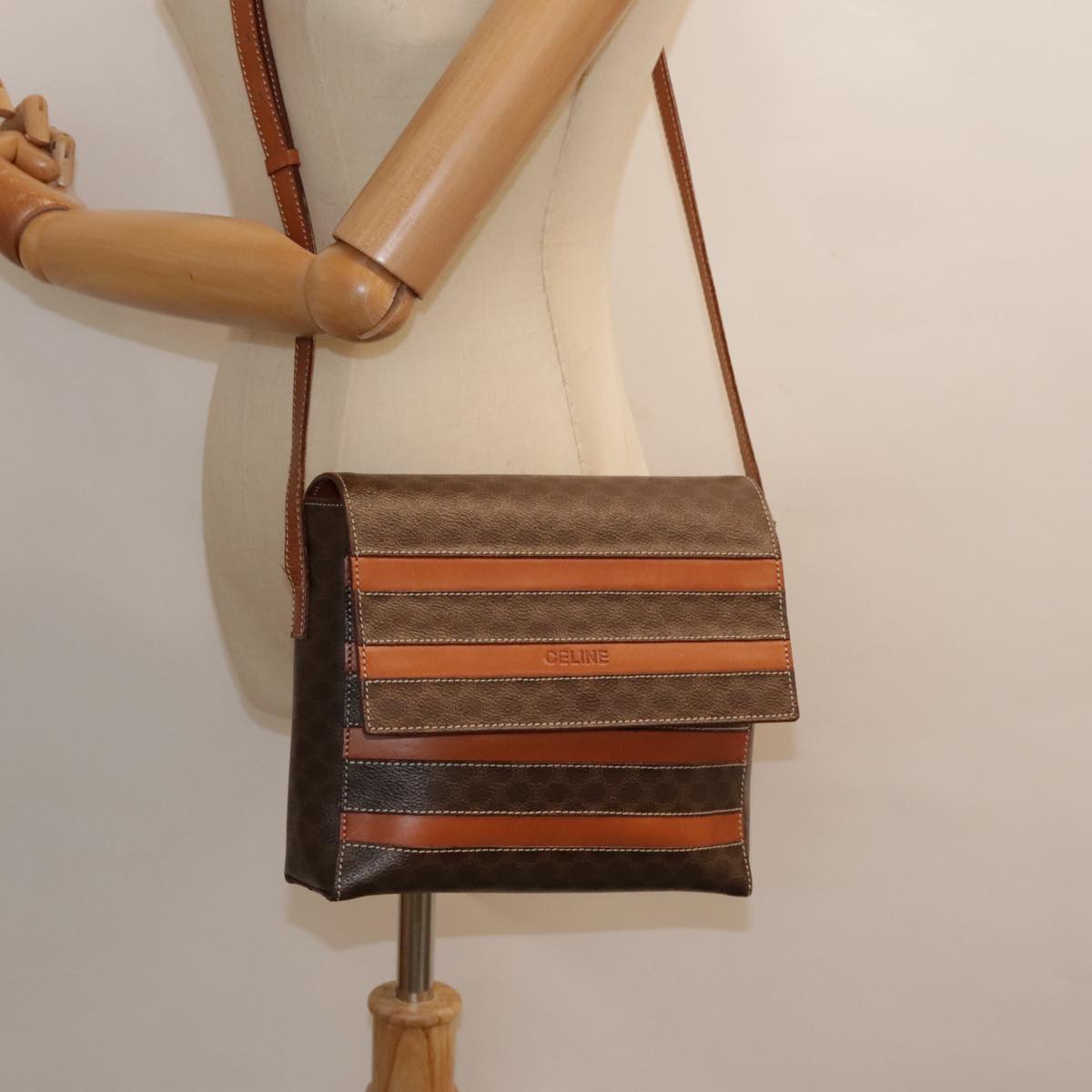 CELINE Macadam Canvas Shoulder Bag PVC Brown Gold Auth 91466