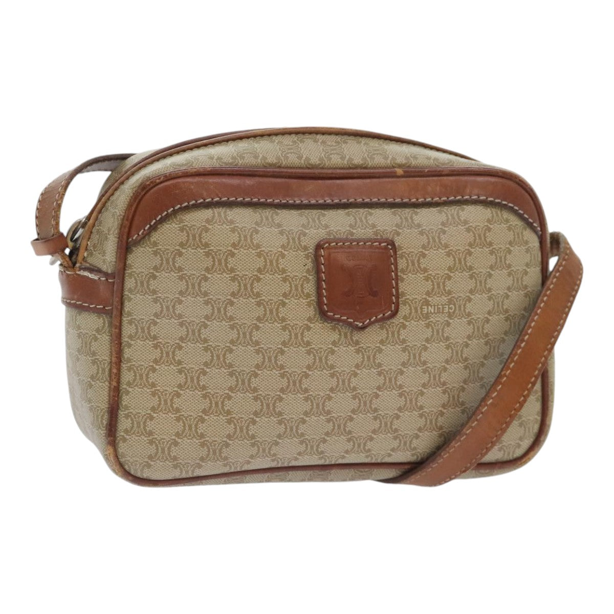 CELINE Macadam Canvas Shoulder Bag Beige Auth 91467