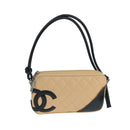 CHANEL Cambon Line Accessory Pouch Leather Black Beige CC Auth 91552A-1