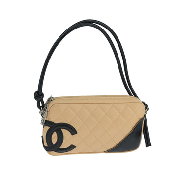 CHANEL Cambon Line Accessory Pouch Leather Black Beige CC Auth 91552A