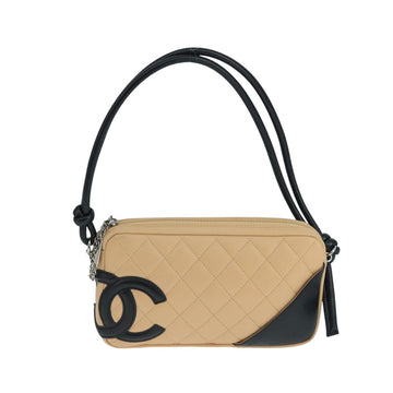 CHANEL Cambon Line Accessory Pouch Leather Black Beige CC Auth 91552A - 0