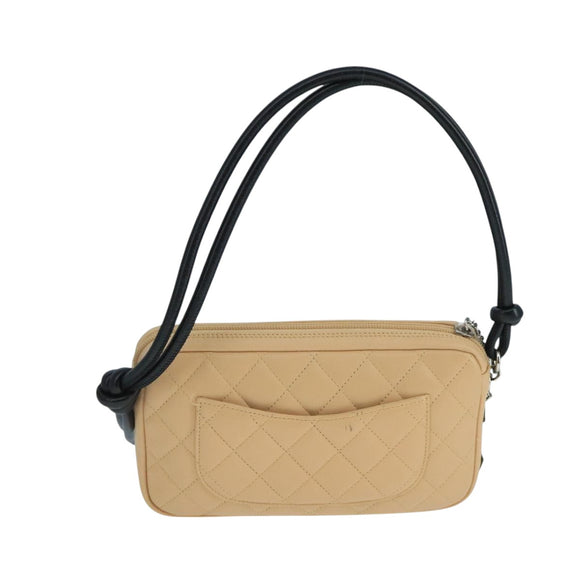CHANEL Cambon Line Accessory Pouch Leather Black Beige CC Auth 91552A