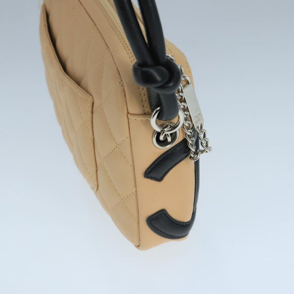 CHANEL Cambon Line Accessory Pouch Leather Black Beige CC Auth 91552A