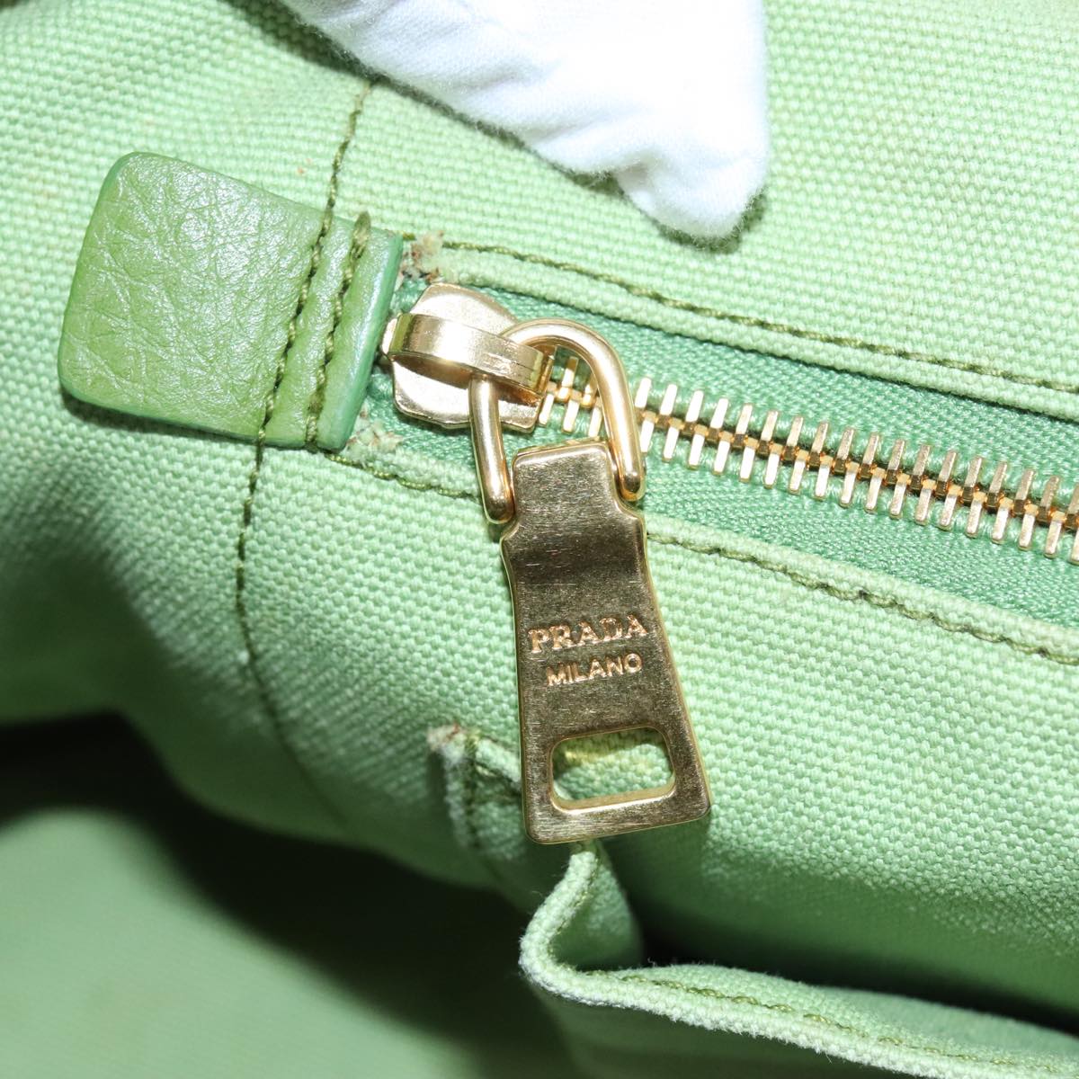 PRADA Canapa GM Hand Bag Canvas LIme Green Gold Auth 91560