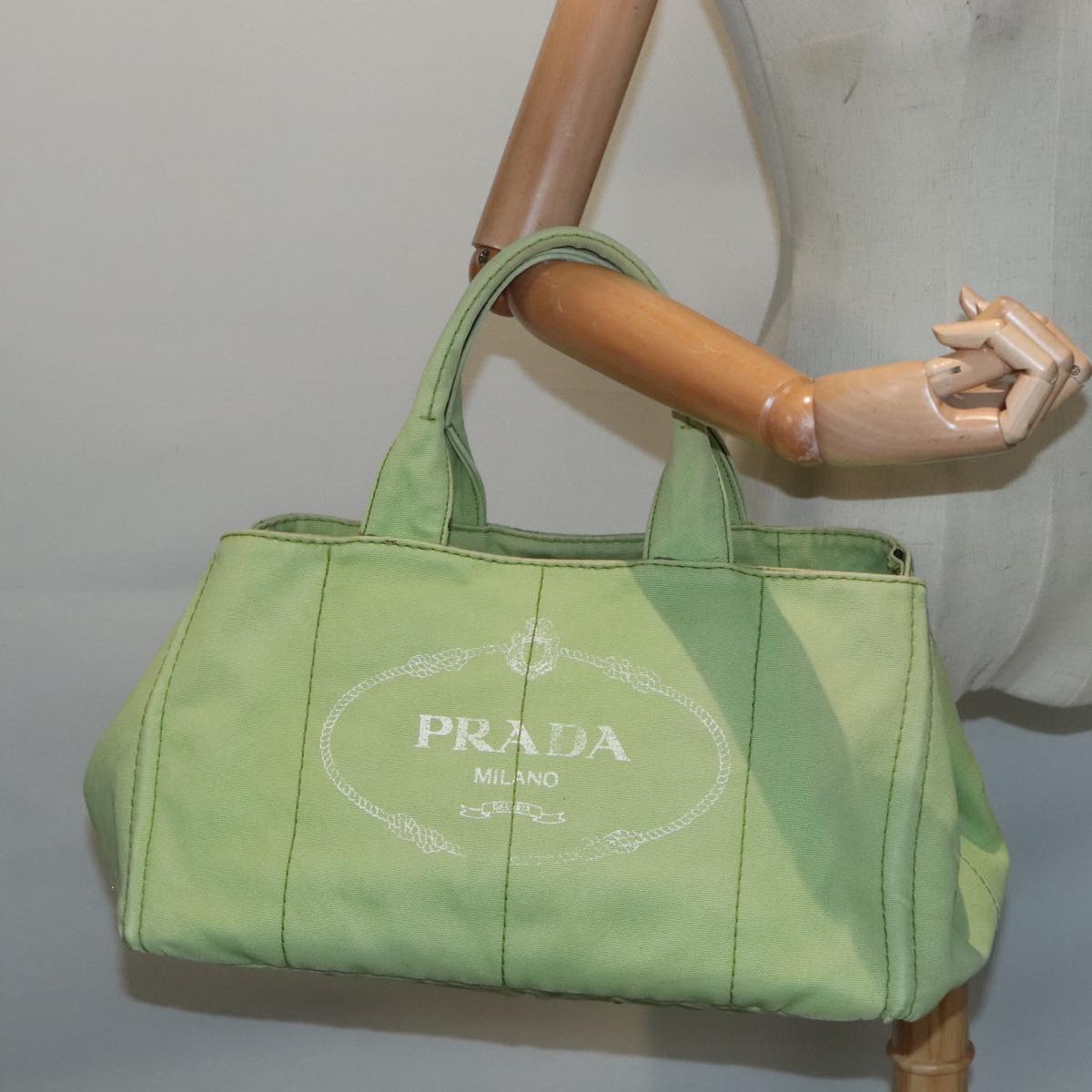 PRADA Canapa GM Hand Bag Canvas LIme Green Gold Auth 91560