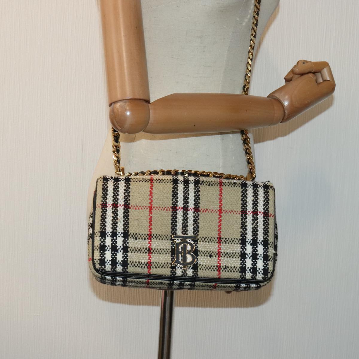 BURBERRY Nova Check Chain Shoulder Bag Canvas Gold Beige Auth 91588