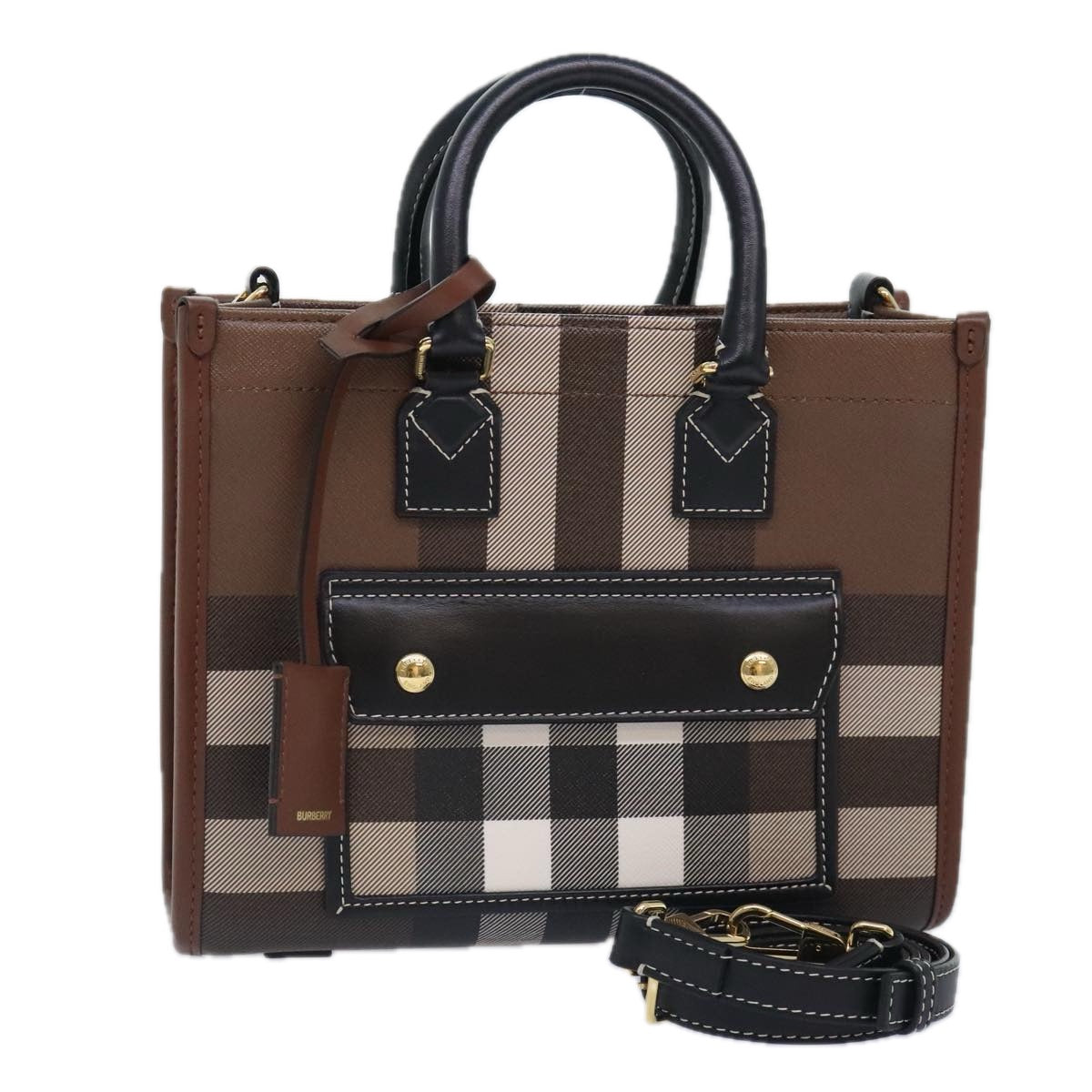 BURBERRY Nova Check Hand Bag Leather 2way Brown Gold Auth 91589A