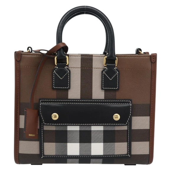 BURBERRY Nova Check Hand Bag Leather 2way Brown Gold Auth 91589A