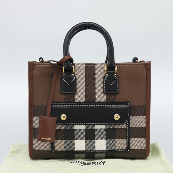 BURBERRY Nova Check Hand Bag Leather 2way Brown Gold Auth 91589A