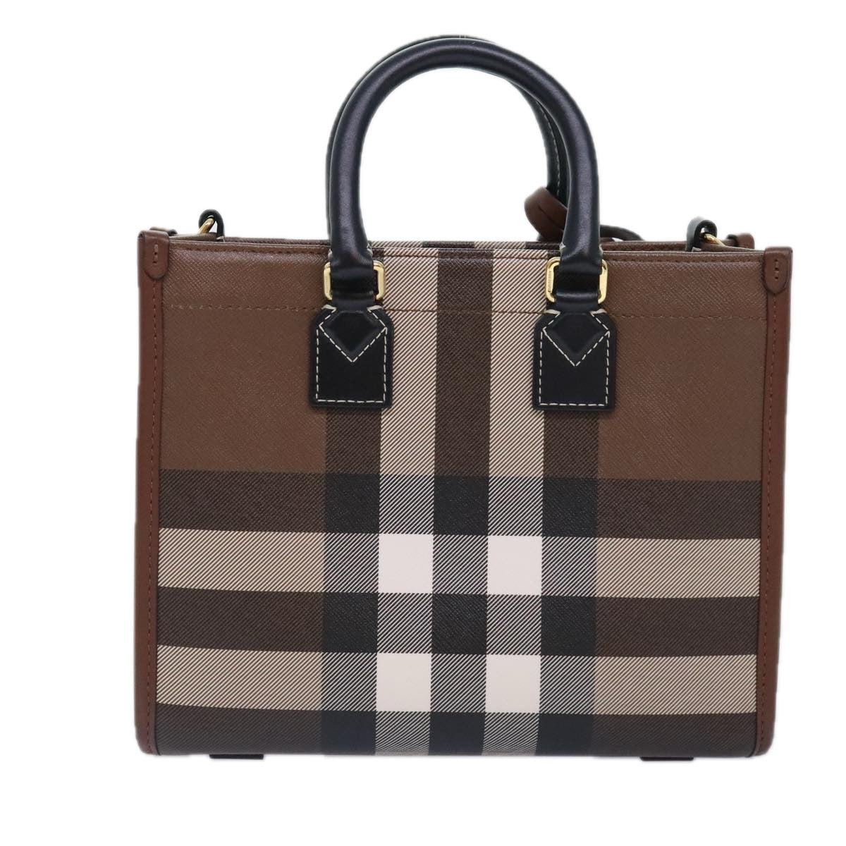 BURBERRY Nova Check Hand Bag Leather 2way Brown Gold Auth 91589A - 0