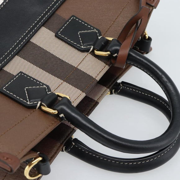 BURBERRY Nova Check Hand Bag Leather 2way Brown Gold Auth 91589A