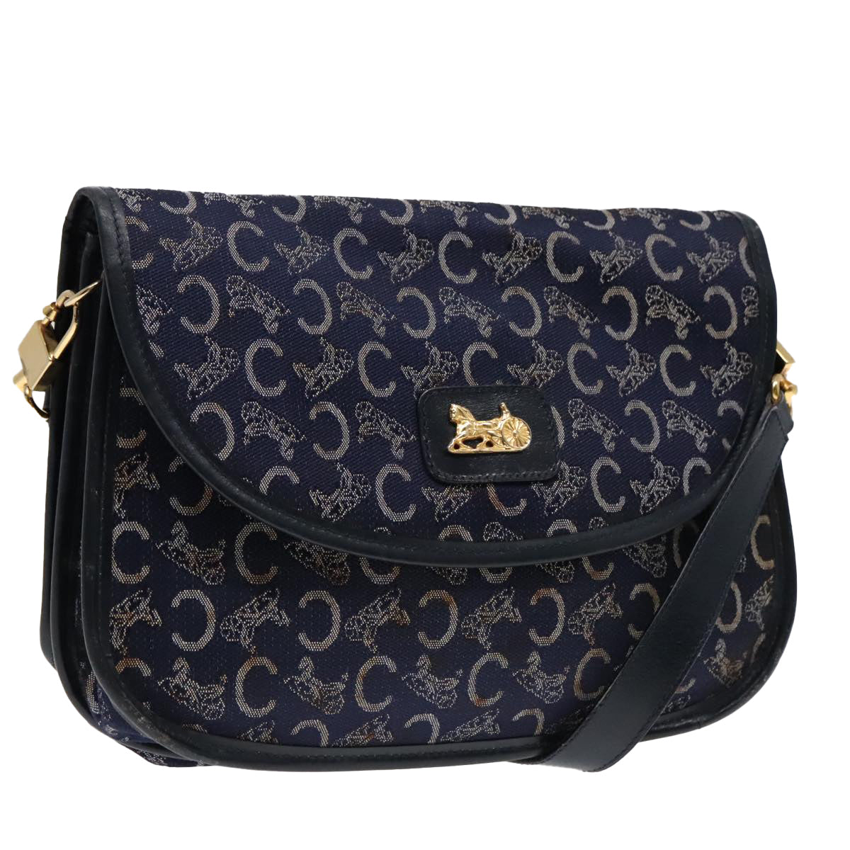 CELINE C Sulky Shoulder Bag Canvas Leather Navy Auth 91593