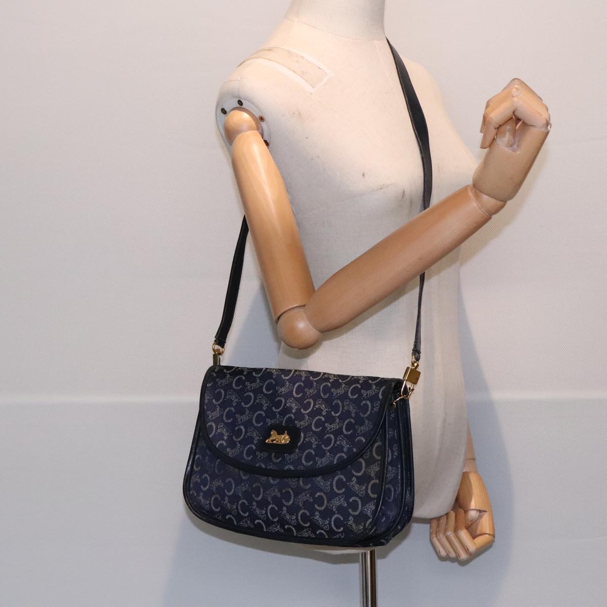 CELINE C Sulky Shoulder Bag Canvas Leather Navy Auth 91593