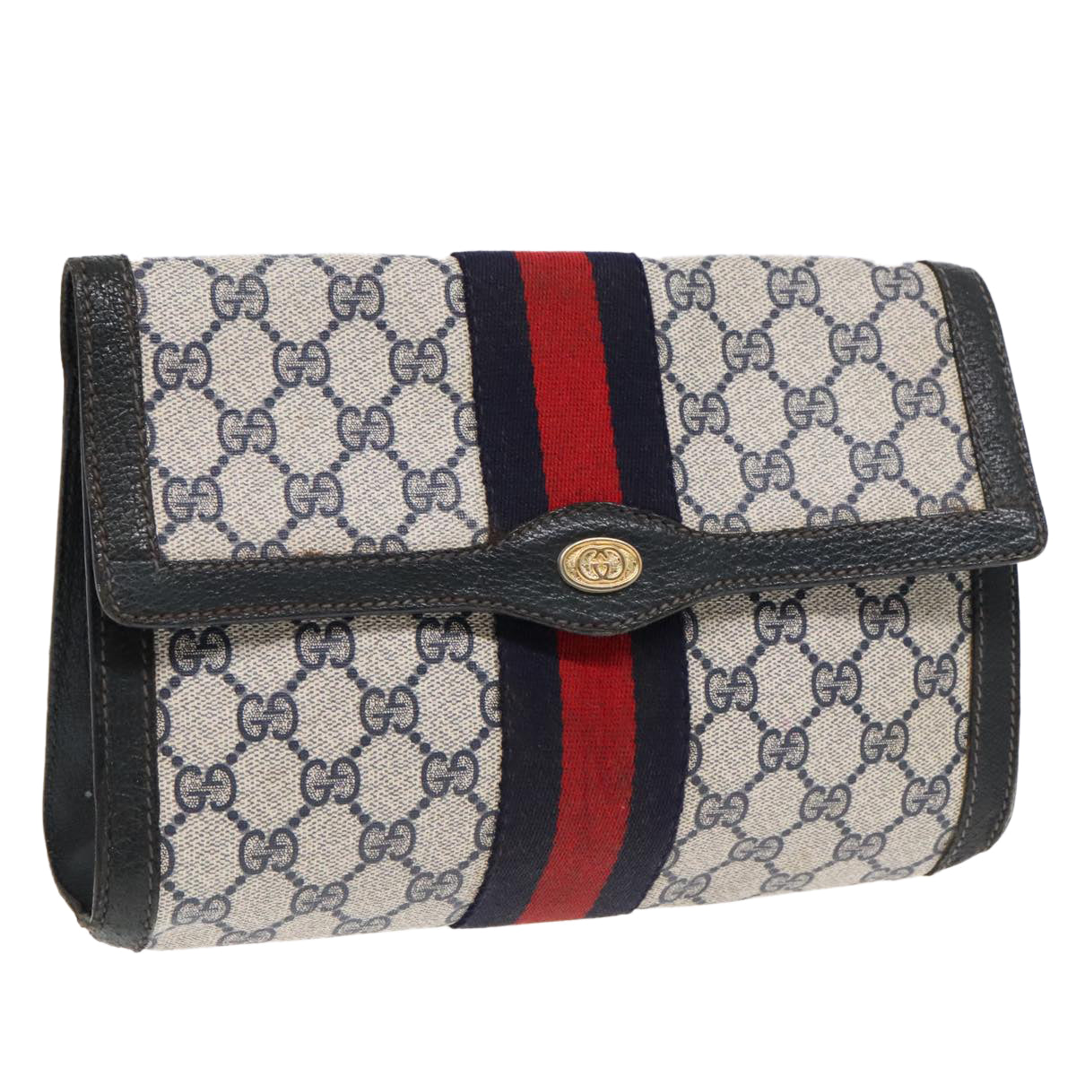 GUCCI GG Supreme Sherry Line Clutch Bag PVC Navy Red 84 01 006 Auth 91599