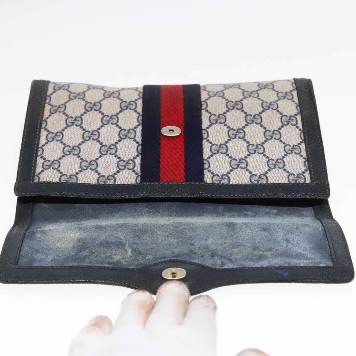 GUCCI GG Supreme Sherry Line Clutch Bag PVC Navy Red 84 01 006 Auth 91599