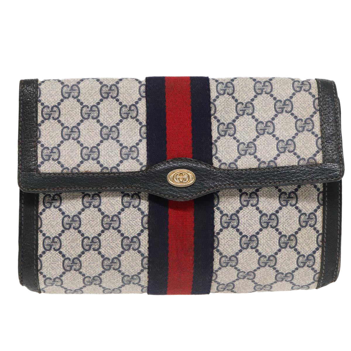 GUCCI GG Supreme Sherry Line Clutch Bag PVC Navy Red 84 01 006 Auth 91599