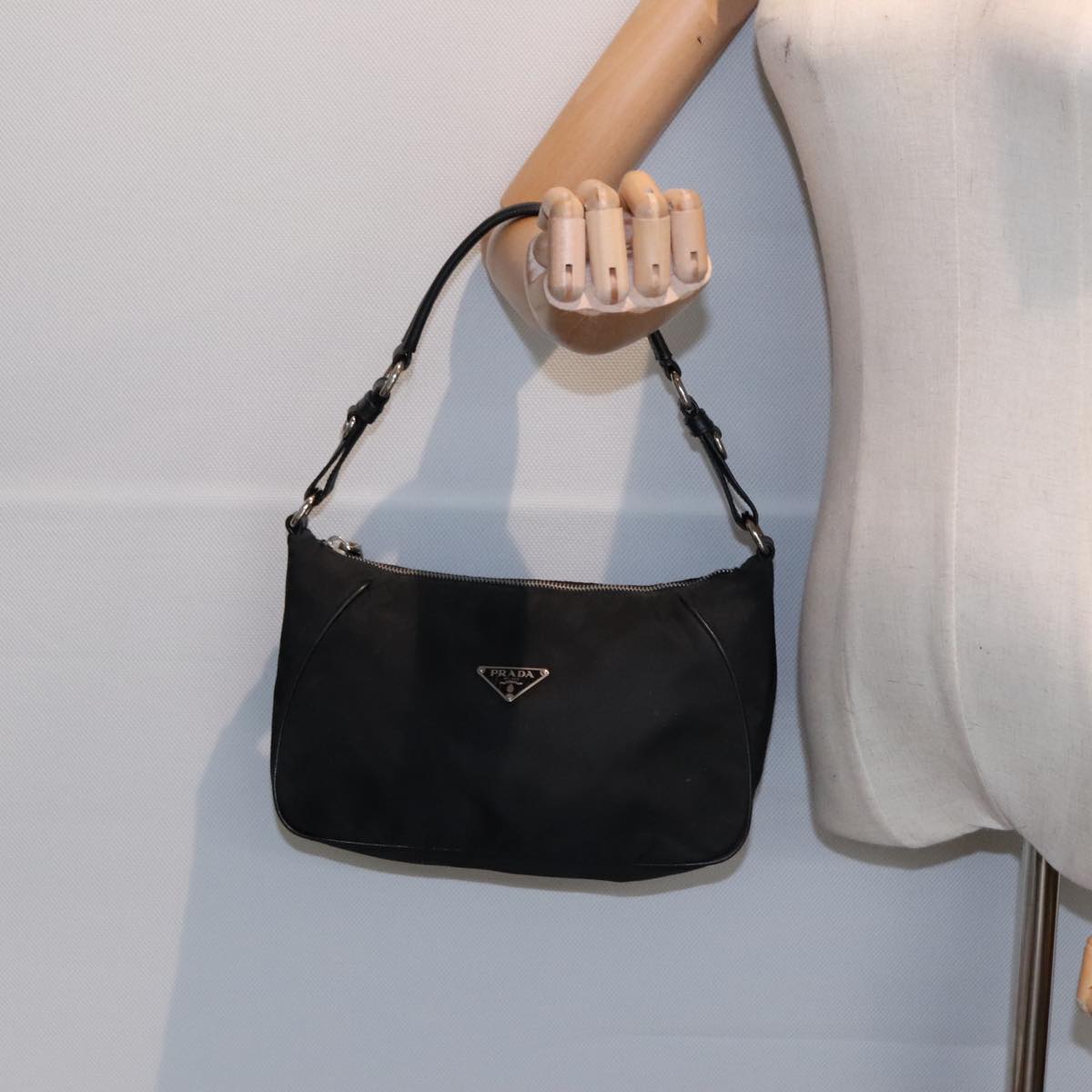 PRADA Shoulder Bag Nylon Black Silver Auth 91602