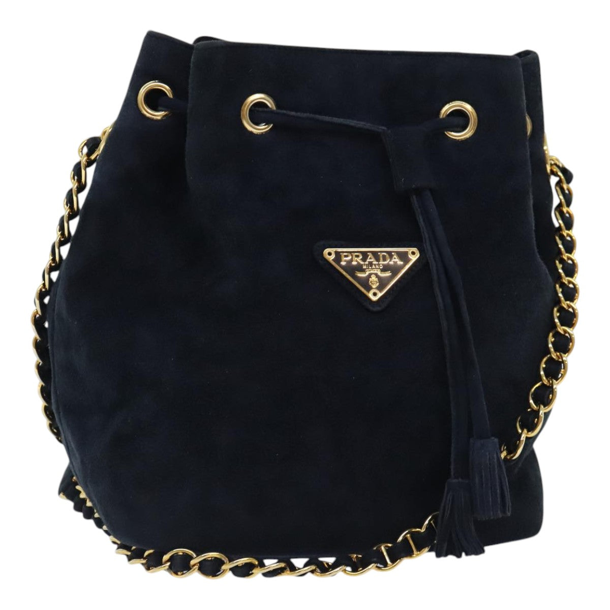 PRADA Chain Shoulder Bag Suede Navy Auth 91603