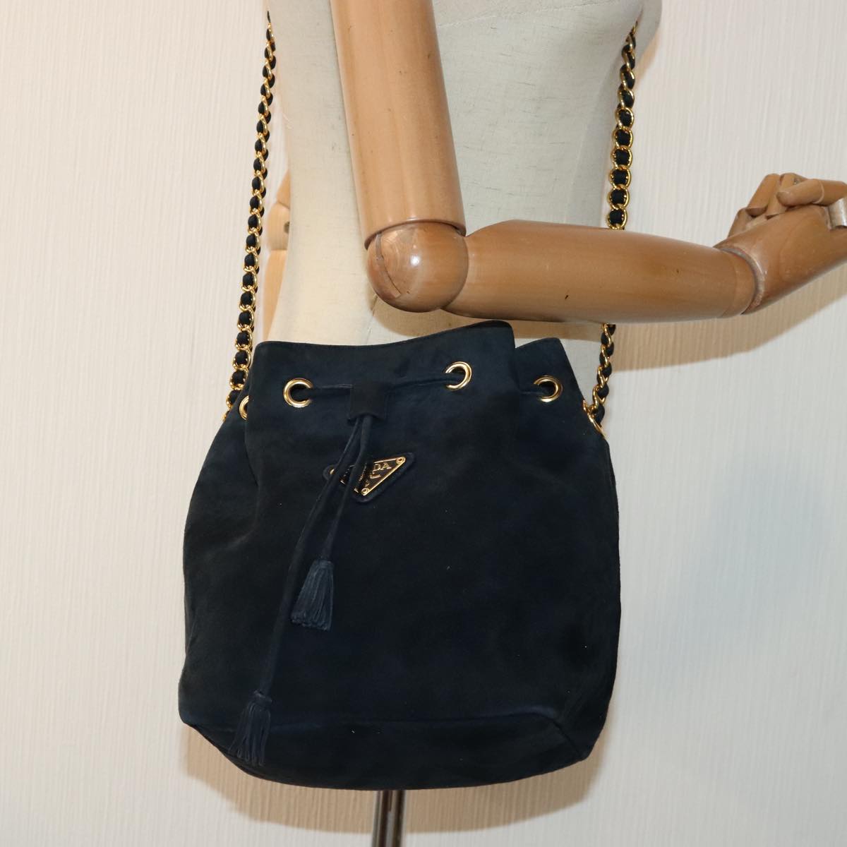 PRADA Chain Shoulder Bag Suede Navy Auth 91603