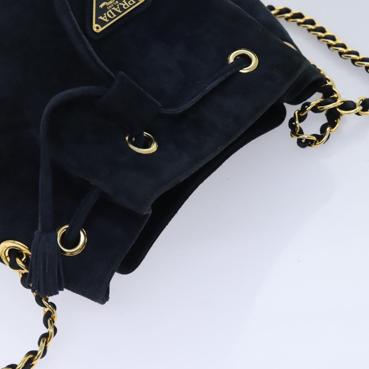 PRADA Chain Shoulder Bag Suede Navy Auth 91603