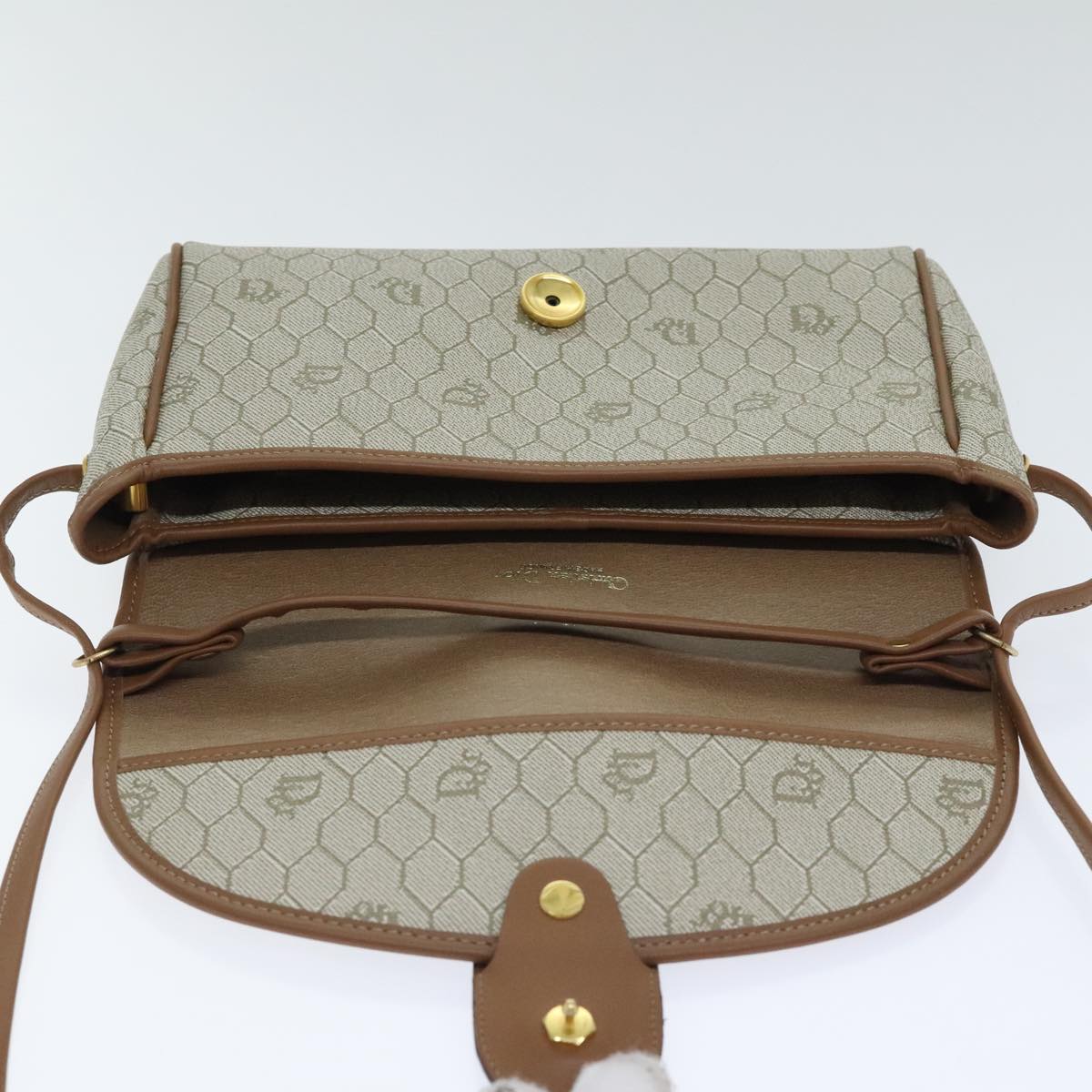 Christian Dior Honeycomb Canvas Shoulder Bag PVC Beige Brown Gold Auth 91614