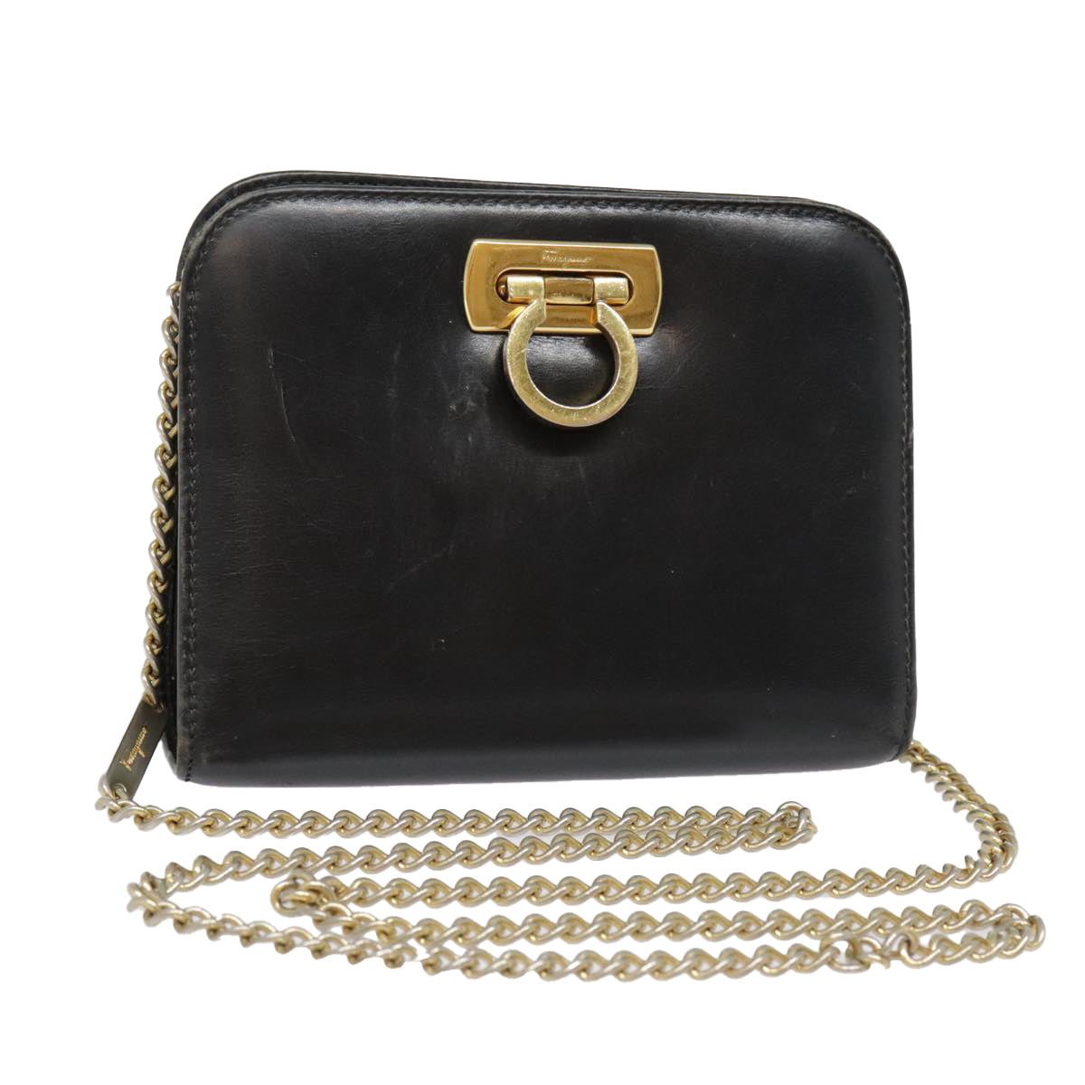 Salvatore Ferragamo Gancini Chain Shoulder Bag Leather Black Gold Auth 91619